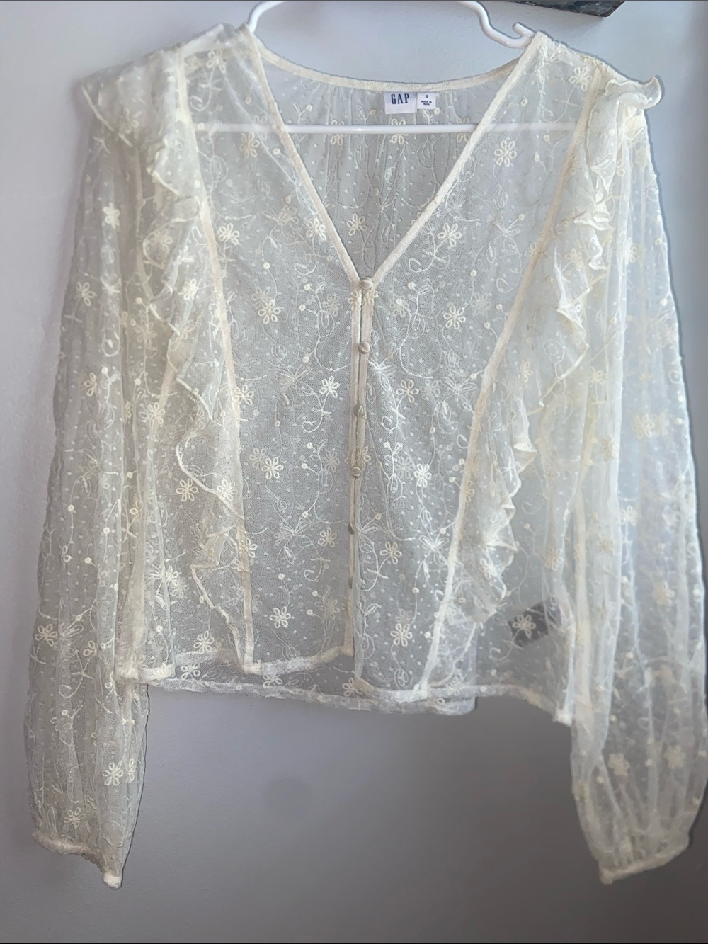 GAP Cream Sheer Floral Ruffle Peasant Blouse
